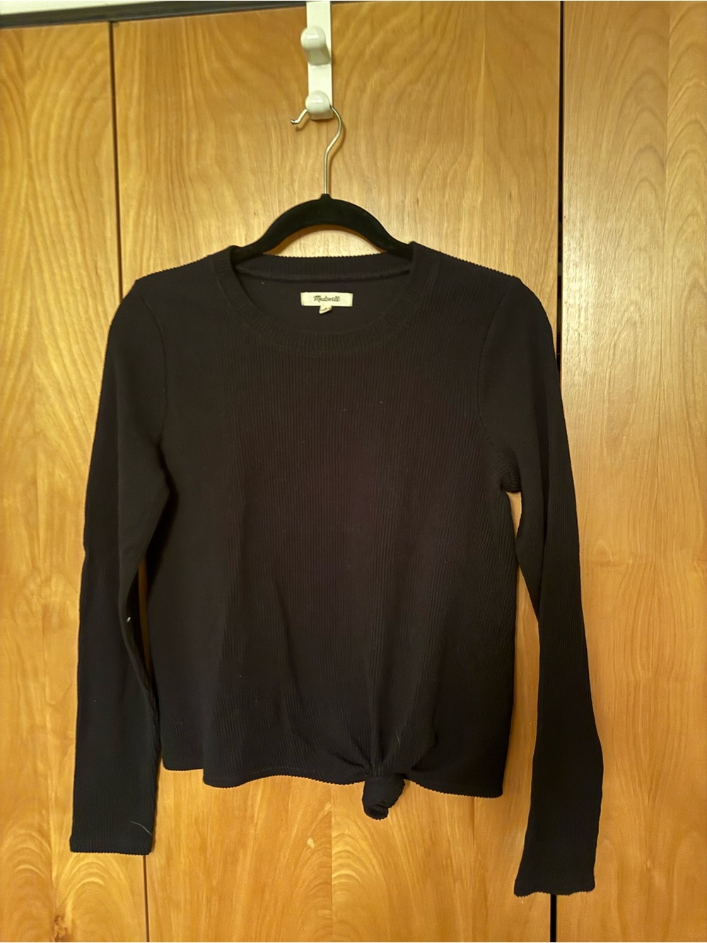 Madewell Black Ribbed Long-Sleeve Knot-Hem Top